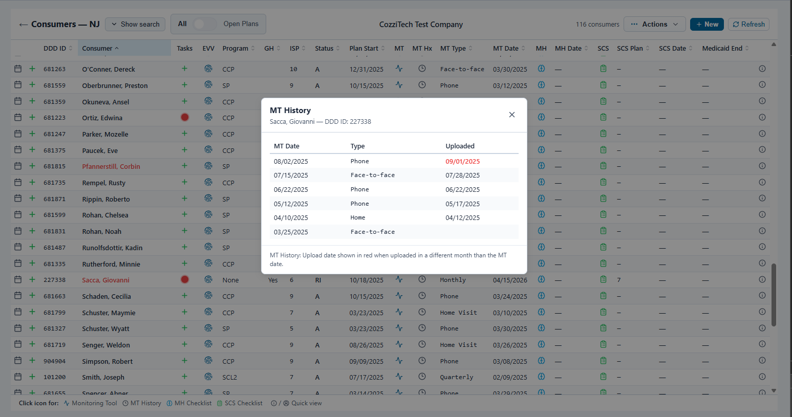 CT Agency Suite consumer management list view with DDD ID, programs, ISP, plan dates, and MT history columns